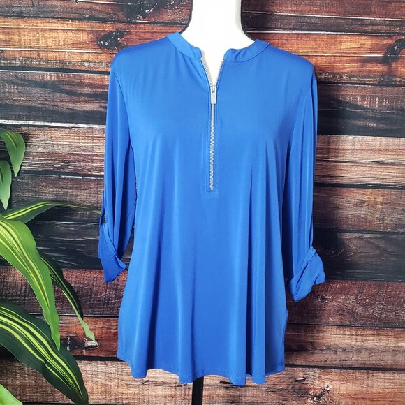 NWT Ellen Tracy Company Top L Zip Front 3/4 Length Sleeve Blue - Picture 1 of 10
